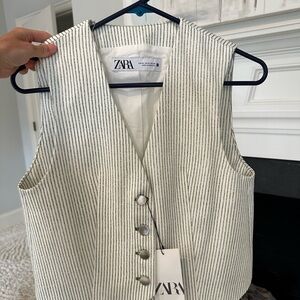 Zara Cream and green Striped Buttoned Vest